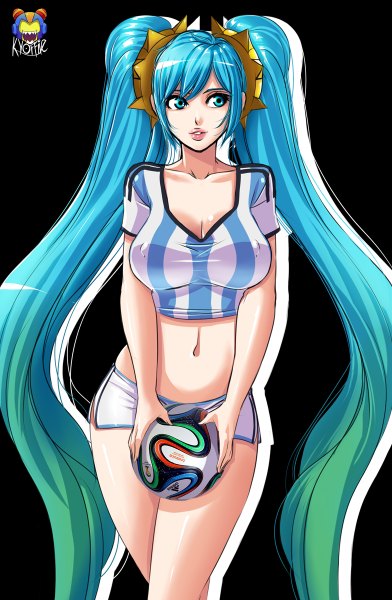 Anime picture 784x1200 with league of legends sona buvelle kyoffie12 single tall image breasts blue eyes light erotic simple background large breasts twintails looking away very long hair multicolored hair two-tone hair erect nipples black background covered nipples girl navel