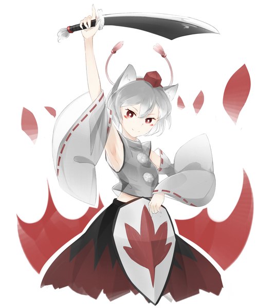 Anime picture 1239x1399 with touhou inubashiri momiji crazyoton46 single tall image looking at viewer short hair simple background smile red eyes bare shoulders holding animal ears white hair arm up wide sleeves armpit (armpits) wolf ears girl skirt