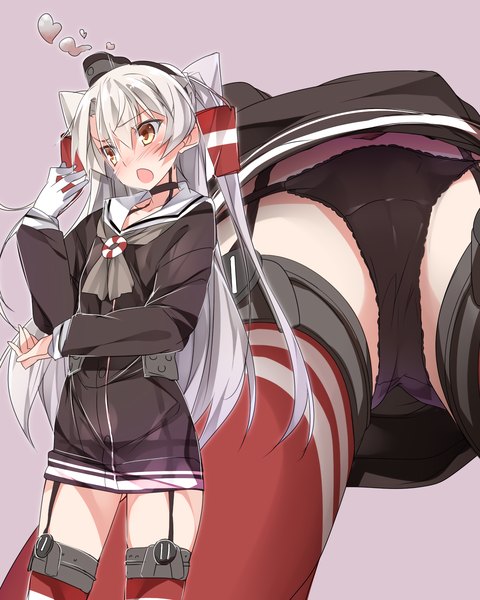 Anime picture 2048x2560 with kantai collection amatsukaze destroyer mtu (orewamuzituda) single long hair tall image blush highres open mouth light erotic simple background brown eyes looking away silver hair from below two side up pink background girl thighhighs skirt
