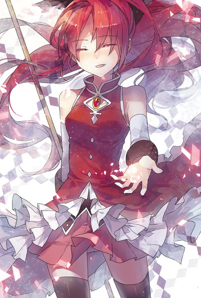 Anime picture 600x888 with mahou shoujo madoka magica shaft (studio) sakura kyouko rella single long hair tall image blush fringe open mouth smile hair between eyes standing bare shoulders payot red hair eyes closed pleated skirt wind fang (fangs)