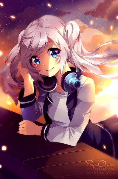Anime picture 1200x1818 with squchan single long hair tall image blush fringe blue eyes smile standing twintails signed payot looking away sky silver hair cloud (clouds) upper body head tilt wind arm support