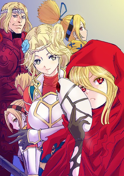Anime picture 707x1000 with overlord (maruyama) madhouse evileye (overlord) lakyus alvein dale aindra tia (overlord) tina (overlord) rurukichi long hair tall image looking at viewer fringe simple background blonde hair smile hair between eyes red eyes standing multiple girls green eyes yellow eyes