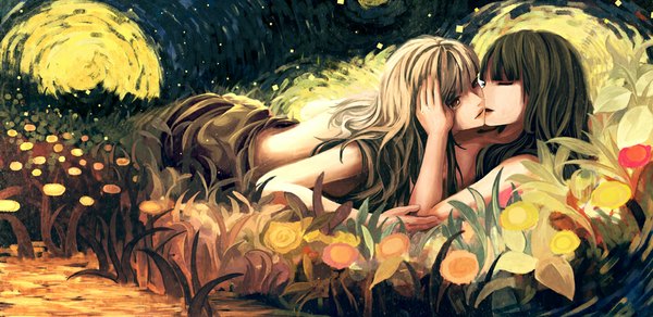 Anime picture 1000x488 with original gemi long hair open mouth black hair blonde hair wide image multiple girls brown eyes lying eyes closed topless shoujo ai girl flower (flowers) 2 girls plant (plants) grass