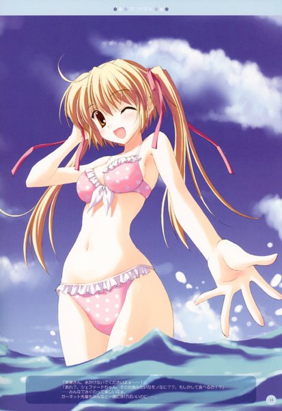 Anime picture 1034x1500 with nanao naru long hair tall image blonde hair twintails brown eyes sky cloud (clouds) one eye closed wink girl ribbon (ribbons) swimsuit hair ribbon bikini water sea