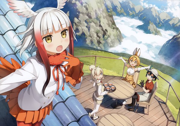 Anime picture 4976x3500 with kemono friends serval (kemono friends) crested ibis (kemono friends) kaban (kemono friends) alpaca suri (kemono friends) kantoku looking at viewer fringe highres short hair black hair blonde hair sitting multiple girls animal ears payot looking away absurdres cloud (clouds) outdoors