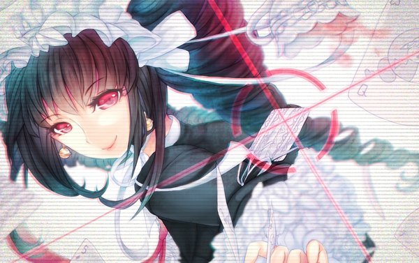 Anime picture 1600x1006 with dangan ronpa celestia ludenberg asa-tan long hair looking at viewer fringe smile red eyes brown hair twintails light smile from above drill hair looking up girl dress uniform school uniform earrings necktie