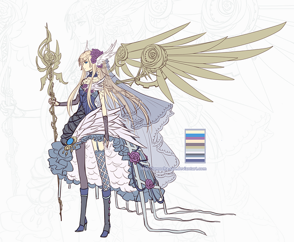 Anime picture 1275x1050 with original zenithomocha single blue eyes simple background blonde hair standing white background profile hair flower head wings zoom layer outline mechanical wings girl thighhighs dress hair ornament ribbon (ribbons) wings