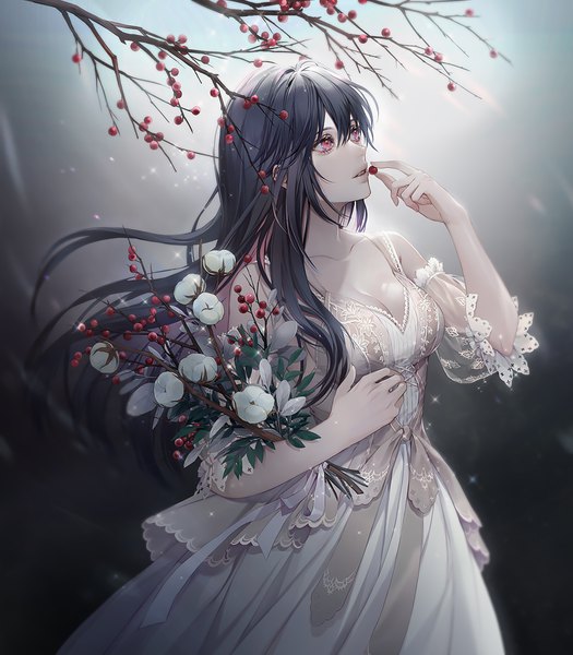 Anime picture 787x900 with original yoshicha single long hair tall image fringe breasts black hair hair between eyes standing holding payot looking away cleavage parted lips pink eyes wind sparkle puffy sleeves gradient background