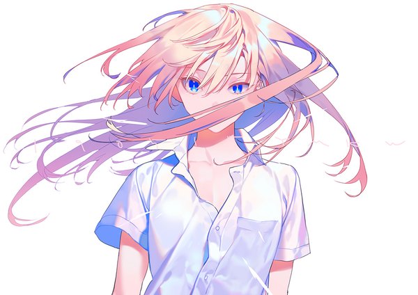 Anime picture 1023x724 with original yamakawa single long hair looking at viewer fringe blue eyes simple background blonde hair hair between eyes white background payot upper body floating hair open collar covered mouth girl shirt white shirt
