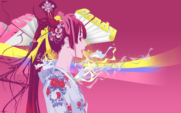 Anime picture 1680x1050 with tenjou tenge oogure ito single long hair looking at viewer fringe wide image holding purple hair upper body ponytail traditional clothes parted lips japanese clothes profile pink eyes inscription mouth hold floral print pink background