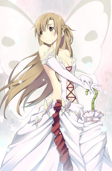 Anime picture 1172x1776 with sword art online accel world sunrise (studio) a-1 pictures yuuki asuna furumiya haiji single long hair tall image light erotic brown hair brown eyes insect wings closed umbrella butterfly wings girl dress gloves elbow gloves umbrella