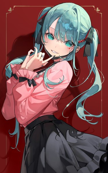 Anime picture 1278x2048 with vocaloid vampire (vocaloid) hatsune miku chyoel single long hair tall image looking at viewer simple background smile twintails aqua eyes aqua hair shadow red background framed mask pull girl skirt ribbon (ribbons)