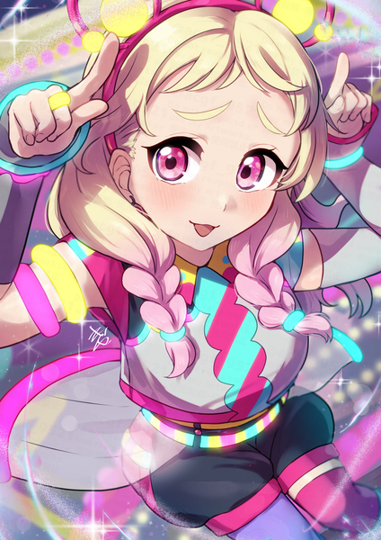 Anime picture 2121x3000 with hello!!! love live! sunrise (studio) love live! onitsuka natsumi kyaku tatsu single long hair tall image looking at viewer blush highres breasts blonde hair smile animal ears braid (braids) pink eyes from above arms up twin braids