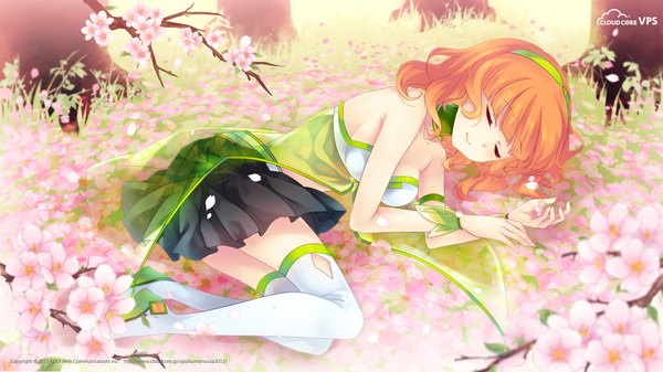 Anime picture 1920x1080 with shinia highres short hair wide image lying eyes closed orange hair cherry blossoms sleeping girl thighhighs skirt flower (flowers) miniskirt petals white thighhighs hairband