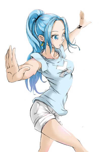 Anime picture 2480x3507 with one piece toei animation nefertari vivi rikito1087 single long hair tall image highres blue eyes simple background white background blue hair looking away ponytail :o spread arms girl earrings shorts short shorts