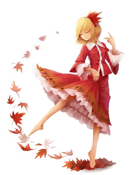 Anime picture 1350x1800 with touhou aki shizuha yuren single tall image fringe short hair simple background blonde hair smile standing white background full body eyes closed long sleeves barefoot wide sleeves standing on one leg leg up dancing