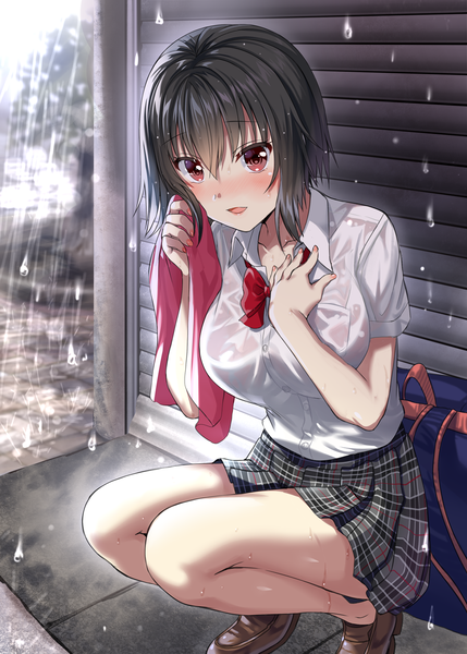 Anime picture 1072x1500 with original neeko's sister arudehido single tall image looking at viewer blush fringe short hair breasts open mouth light erotic black hair hair between eyes large breasts brown eyes outdoors nail polish pleated skirt wet