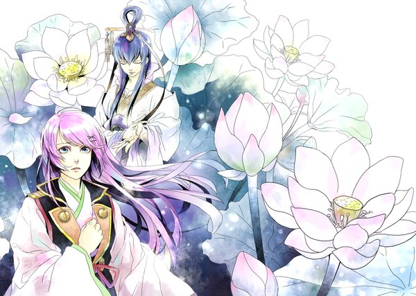 Anime picture 1122x800 with harukanaru toki no naka de kasuga nozomi saiga tokihito long hair blue eyes multiple girls blue hair pink hair eyes closed traditional clothes japanese clothes wind girl hair ornament flower (flowers) 2 girls hairclip ring lotus