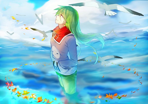 Anime picture 1043x738 with kagerou project shaft (studio) kido tsubomi zhuagui single long hair smile red eyes standing sky cloud (clouds) profile green hair looking up hands in pockets girl flower (flowers) animal petals water