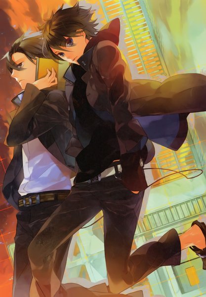 Anime picture 2816x4047 with kazuaki art works kazuaki tall image looking at viewer highres short hair blue eyes brown hair brown eyes sky profile scan open clothes open jacket multiple boys jumping hands in pockets boy uniform school uniform