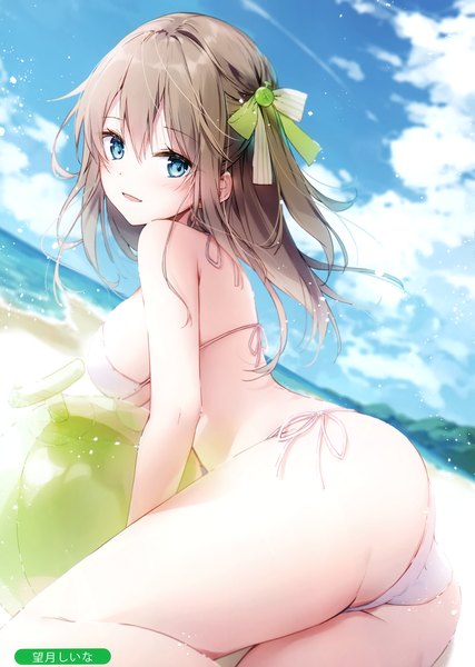 Anime picture 2105x2958 with melonbooks mochizuki shiina single long hair tall image looking at viewer blush fringe highres breasts open mouth blue eyes light erotic hair between eyes payot sky cloud (clouds) bent knee (knees) outdoors ass