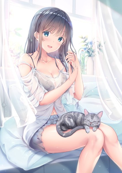 Anime picture 849x1200 with original shirakawako single long hair tall image looking at viewer blush fringe open mouth blue eyes light erotic black hair smile sitting bare shoulders bent knee (knees) indoors blunt bangs braid (braids) :d