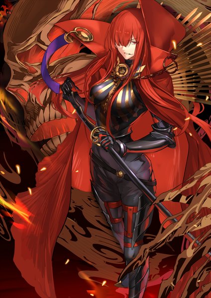 Anime picture 1000x1414 with fate (series) fate/grand order koha-ace oda nobunaga (fate) (all) oda nobunaga (maou avenger) (fate) karlwolf single long hair tall image fringe red eyes standing holding looking away red hair parted lips hair over one eye girl weapon sword