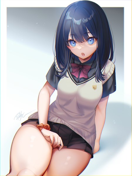 Anime picture 900x1200 with gridman universe ssss.gridman studio trigger takarada rikka sanom single long hair tall image looking at viewer fringe open mouth blue eyes light erotic hair between eyes sitting blue hair :o shadow thighs border