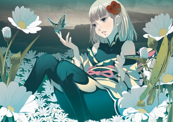 Anime picture 2280x1613 with original suehiro (weaver) single highres short hair blue eyes blonde hair girl flower (flowers) insect butterfly