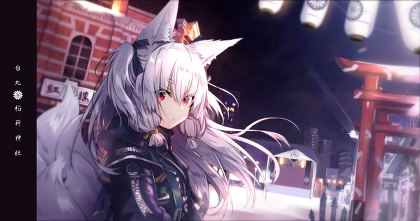 Anime picture 1500x792 with original usagihime single long hair looking at viewer fringe hair between eyes red eyes wide image animal ears silver hair upper body tail animal tail looking back wind blurry night two side up dutch angle