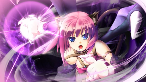 Anime picture 1024x576 with kamidori alchemy meister short hair open mouth blue eyes wide image animal ears pink hair game cg cat ears cat girl girl wings