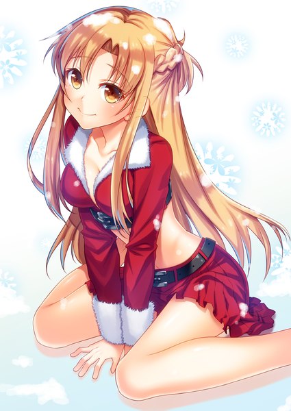 Anime picture 1433x2023 with sword art online a-1 pictures yuuki asuna hoshi ichi single long hair tall image looking at viewer blush smile brown hair sitting brown eyes braid (braids) arm support leaning leaning forward fur trim wariza snowing
