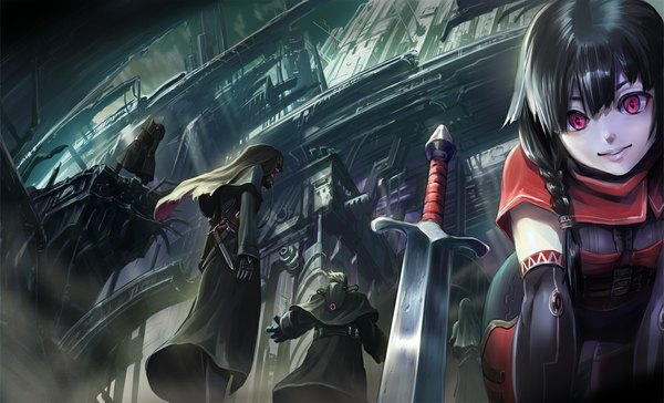 Anime picture 1120x680 with original pixiv fantasia pixiv fantasia t iceojin long hair looking at viewer fringe open mouth black hair smile wide image standing braid (braids) pink eyes wind mechanical girl weapon sword building (buildings)