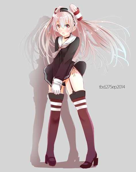 Anime picture 1575x2000 with kantai collection amatsukaze destroyer tebi (tbd11) single long hair tall image looking at viewer blush open mouth light erotic simple background brown eyes signed silver hair grey background two side up dated 2014 girl thighhighs