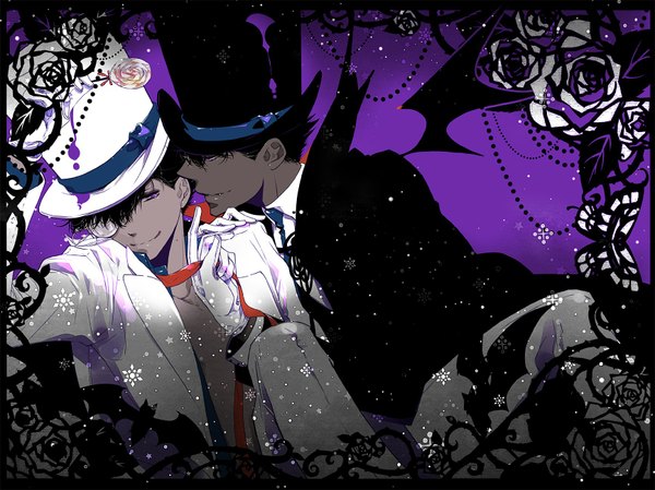 Anime picture 1734x1300 with detective conan kaito kid kuroba kaito tennen hz (artist) highres short hair black hair smile dark skin halloween demon wings shounen ai dual persona hat insect butterfly suit thorns monocle