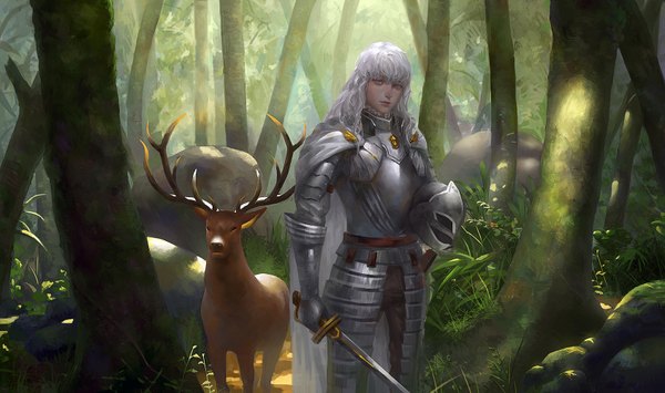 Anime picture 1690x1000 with berserk griffith feihuanjiang single long hair looking at viewer fringe blue eyes hair between eyes wide image standing holding outdoors white hair helmet removed holding helmet boy weapon plant (plants) animal