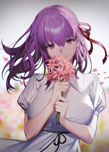 Anime picture 1969x2740 with fate (series) fate/stay night matou sakura shycocoa single long hair tall image looking at viewer fringe highres smile hair between eyes purple eyes holding purple hair upper body head tilt puffy sleeves girl flower (flowers)