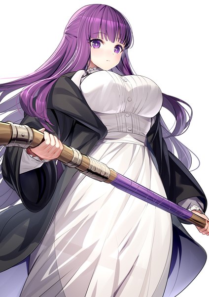 Anime picture 1280x1811 with sousou no frieren fern (sousou no frieren) ririko (zhuoyandesailaer) single long hair tall image looking at viewer fringe breasts light erotic simple background large breasts white background purple eyes purple hair blunt bangs from below girl dress white dress