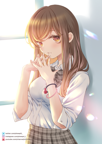 Anime picture 2000x2833 with original sheepd single long hair tall image looking at viewer highres brown hair brown eyes upper body lens flare plaid skirt fingers together sleeves pushed up girl skirt