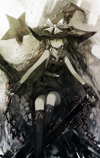 Anime picture 1000x1573 with touhou kirisame marisa zen33n single long hair tall image blonde hair sitting bare shoulders yellow eyes looking away monochrome girl gloves scarf fingerless gloves star (symbol) chain witch hat knee boots