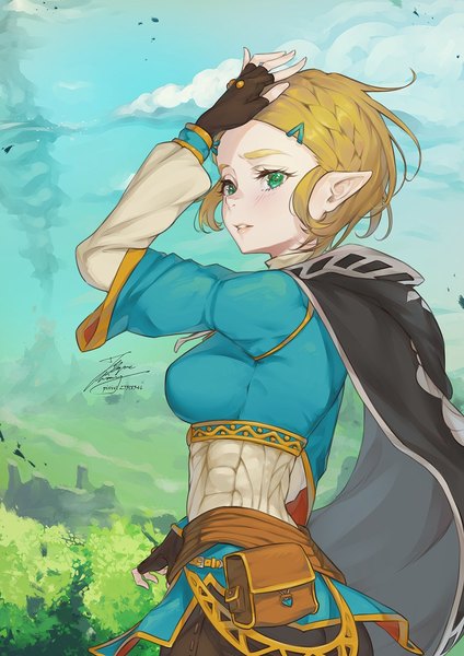 Anime picture 1061x1500 with the legend of zelda the legend of zelda: tears of the kingdom nintendo princess zelda fadingz single tall image looking at viewer blush short hair breasts blonde hair large breasts standing green eyes signed sky cloud (clouds) outdoors braid (braids)