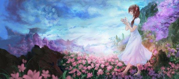 Anime picture 3058x1346 with original noodles (artist) single long hair highres smile brown hair wide image brown eyes looking away sky cloud (clouds) barefoot rock girl dress flower (flowers) white dress stone (stones)