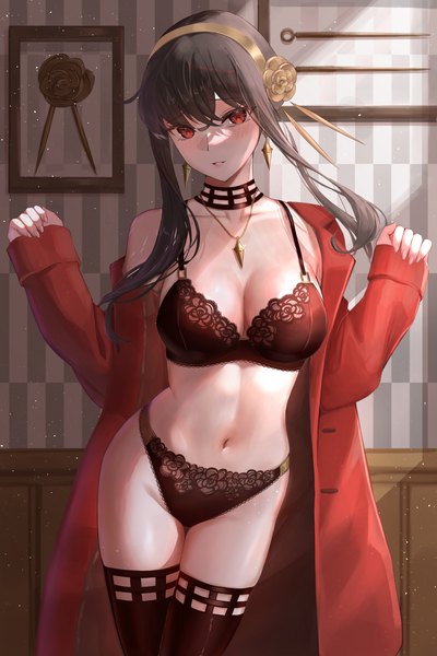 Anime picture 2747x4116 with spy x family yor briar yousuketwelve single long hair tall image looking at viewer blush fringe highres breasts light erotic black hair hair between eyes red eyes large breasts standing bare shoulders indoors long sleeves