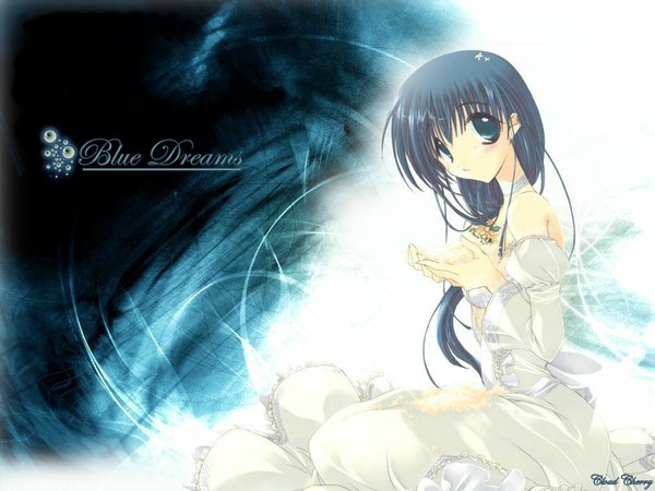 Anime picture 1024x768 with comic party hasebe aya cloudcherry single long hair looking at viewer blue eyes black hair signed third-party edit girl dress choker white dress