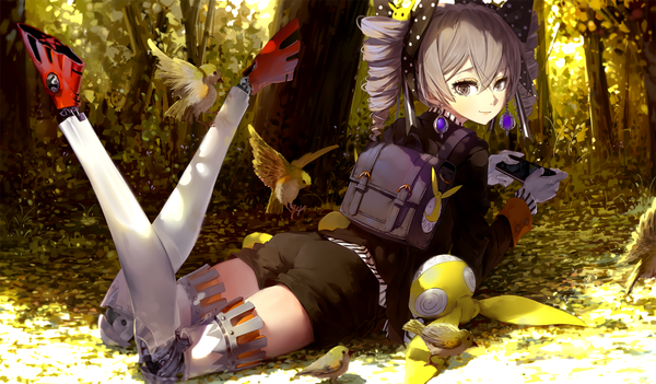 Anime picture 1450x849 with benghuai xueyuan honkai (series) bronya zaychik homu (honkai impact) cici single long hair wide image twintails looking back grey hair grey eyes drill hair girl bow plant (plants) hair bow earrings animal tree (trees)