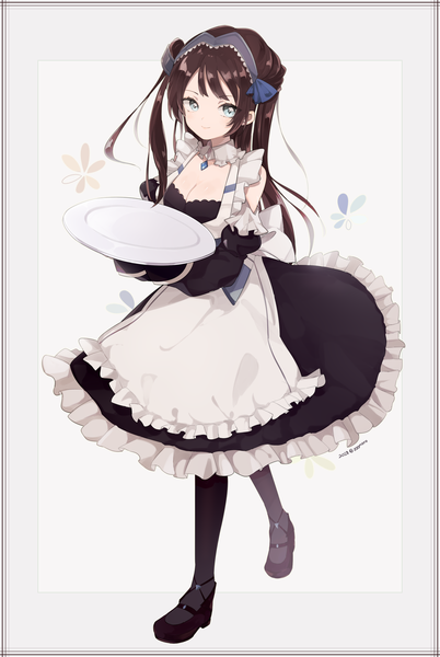 Anime picture 1200x1789 with azur lane newcastle (azur lane) captain yue single long hair tall image looking at viewer blue eyes simple background brown hair signed payot cleavage full body from above maid twitter username one side up framed girl