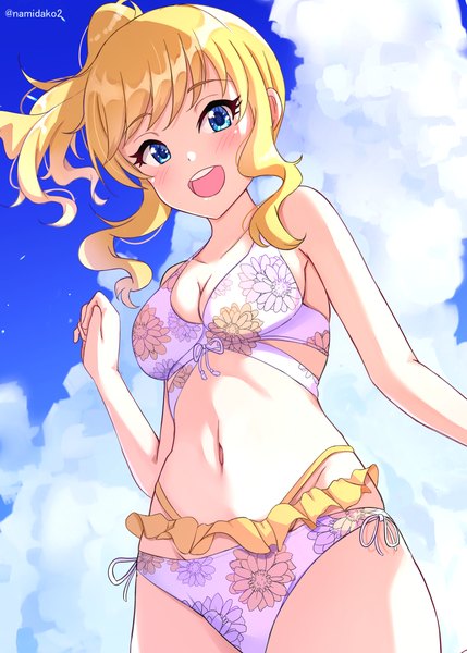 Anime picture 1036x1450 with idolmaster idolmaster cinderella girls ootsuki yui namidako single long hair tall image looking at viewer blush fringe breasts open mouth blue eyes light erotic blonde hair smile standing signed payot sky