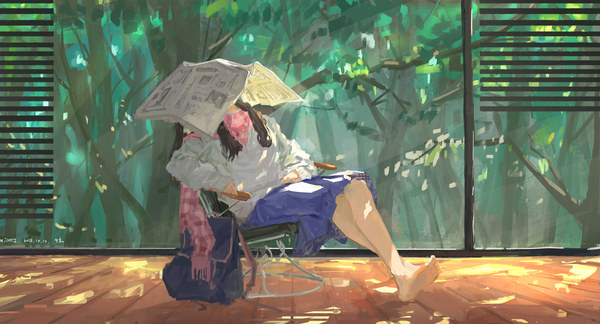 Anime picture 1776x961 with original xilmo single long hair highres brown hair wide image sitting signed full body indoors eyes closed barefoot crossed legs dated sleeping girl skirt plant (plants) tree (trees)