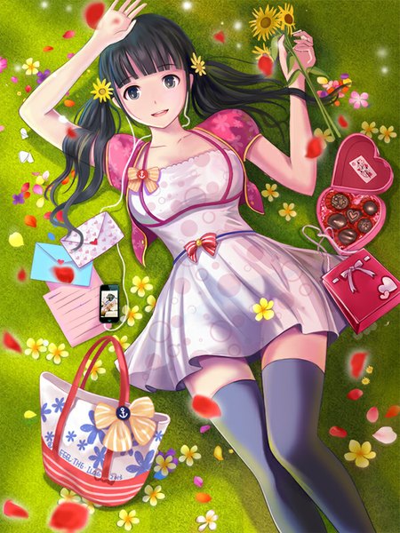 Anime picture 600x800 with original dorakyura single long hair tall image looking at viewer breasts open mouth blue eyes black hair smile twintails lying hair flower zettai ryouiki floral print polka dot girl thighhighs dress