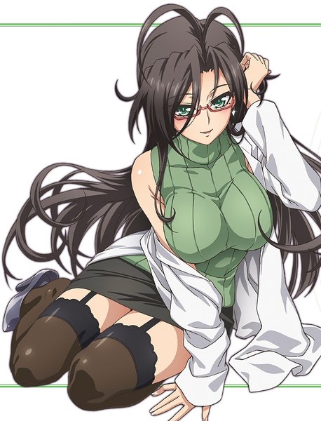 Anime picture 825x1080 with shinmai maou no testament production ims hasegawa chisato ookuma (nitroplus) single long hair tall image looking at viewer fringe breasts open mouth light erotic black hair simple background smile large breasts white background sitting bare shoulders green eyes